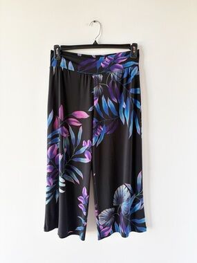 Clara Sunwoo Tropical Leaf Print Wide Leg Palazzo Pants Gaucho Black Pink Blue